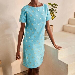 Boden Aqua Lemon Citrus Fruit Foil Gold Print Darcey Beachy T-Shirt Dress